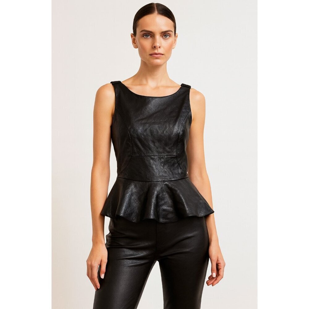 Amanda Uprichard Black Leather Peplum Top Women’s S Sleeveless Zip Back